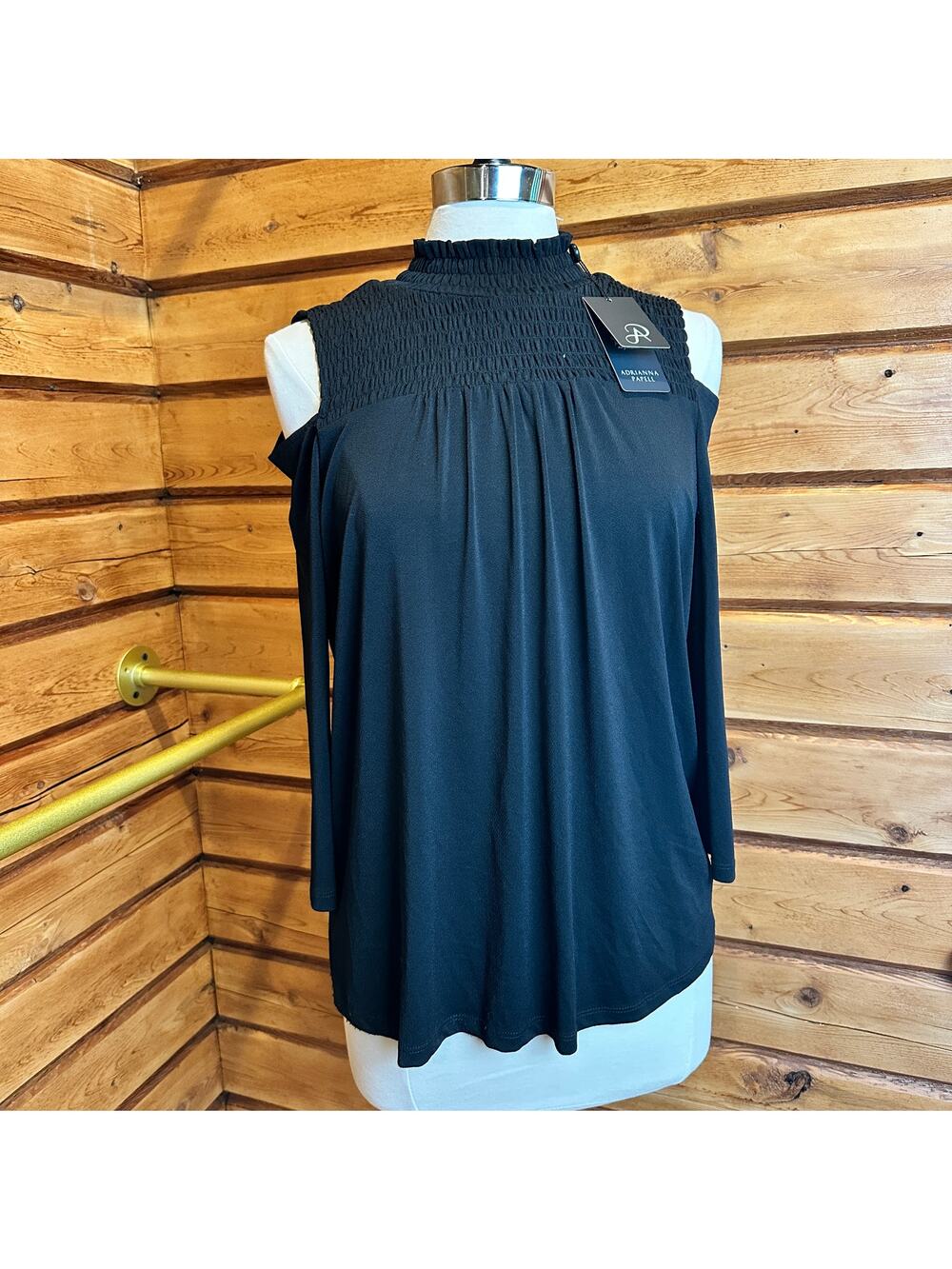 Adrianna Papell NWT Black Cold Shoulder Smocked Mock Neck Blouse Size M